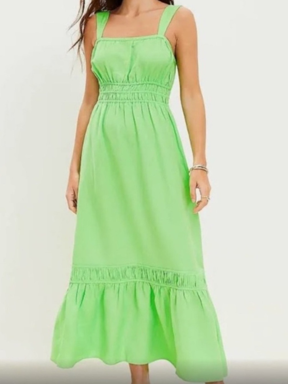 LOFT maxi Shirred Flounce Maxi Dress linen viscose lime green Size Small